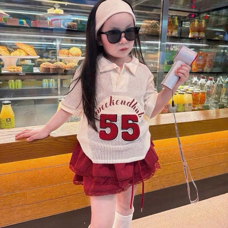 K12- Set áo lưới polo số thể thao, kèm chân váy hai tầng ren xoè có quần bên trong chất thô đũi mềm mịn (8-30kg)