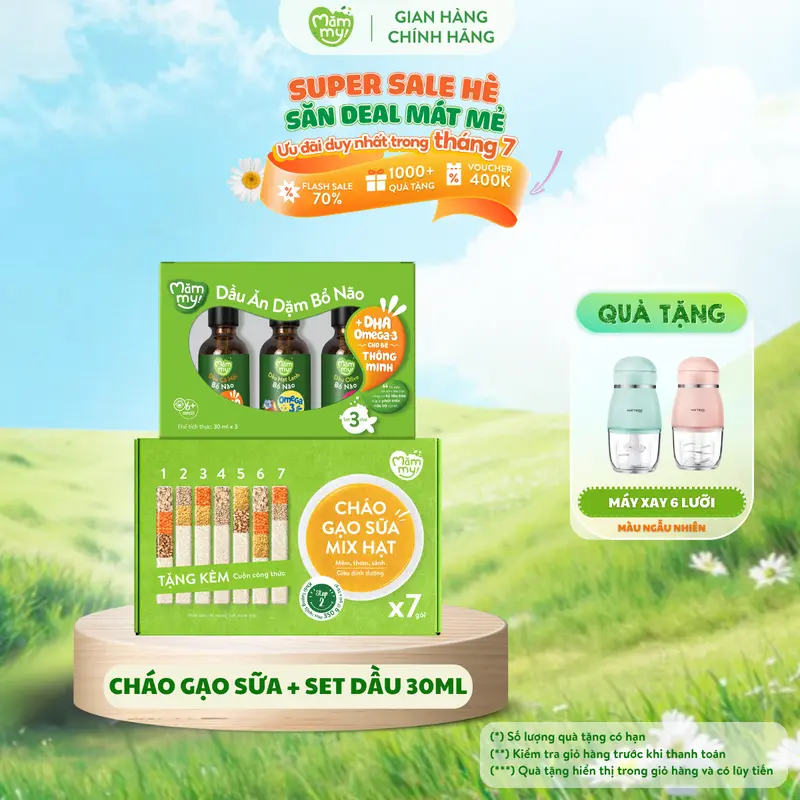 Combo Ăn Dặm MĂMMY: Cháo Gạo Sữa Mix Hạt 50gr x 7 Gói + Set 3 Dầu Ăn Dặm MĂMMY 30ml (Cá Hồi, Hạt Lanh, Olive) Bổ Sung Vitamin Cho Bé Từ 6 Tháng [MX] 0