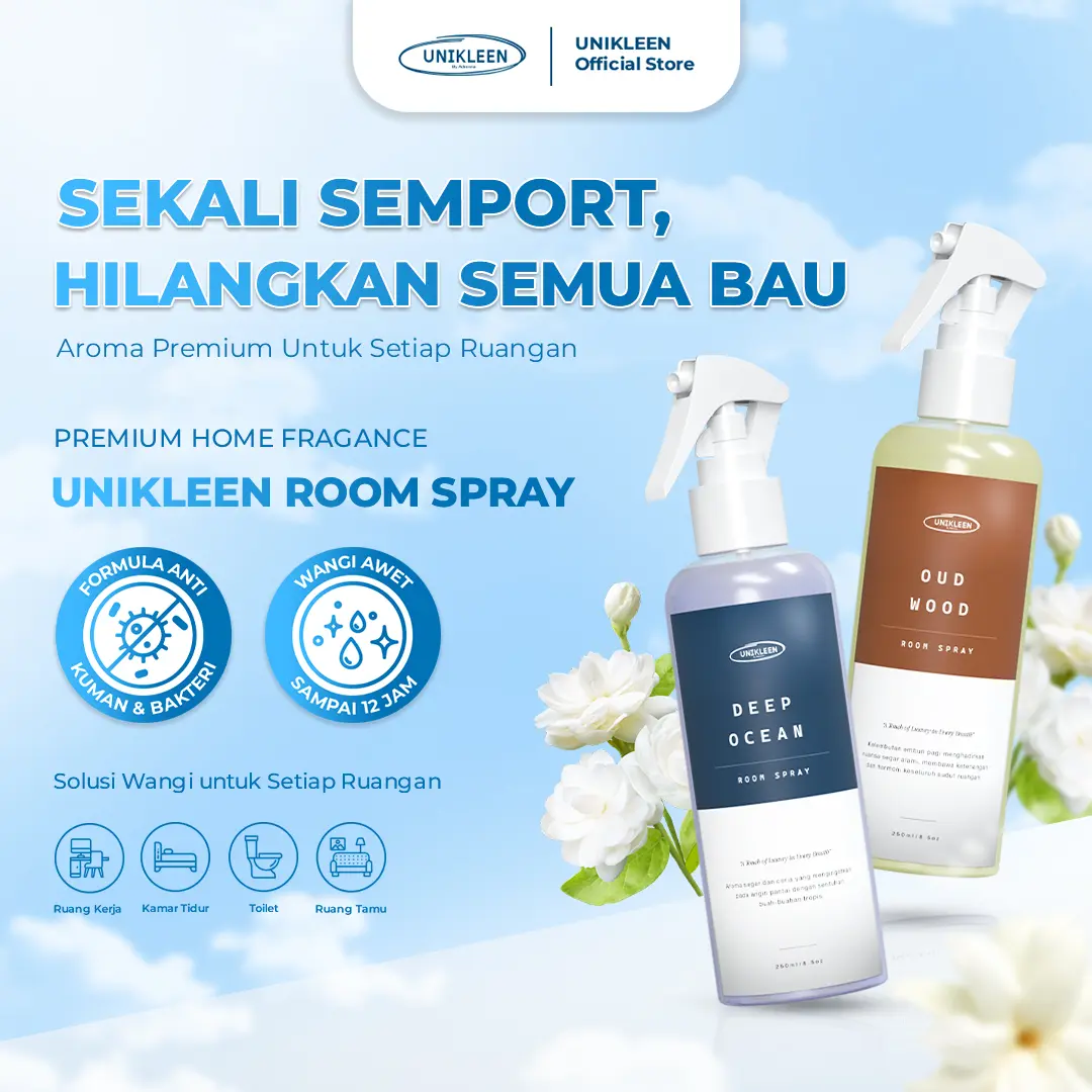 Unikleen Bed & Room Spray dengan antibacterial ruangan wangi seharian bebas kuman dan bakteri linen spray