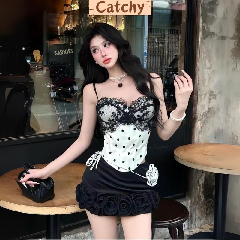 CATCHY Set Áo Corset Chấm Bi Phối Ren Mix Chân Váy Ôm Hoa Nổi Tôn Dáng Quyến Rũ Sang Chảnh Đi Tiệc Đi Chơi