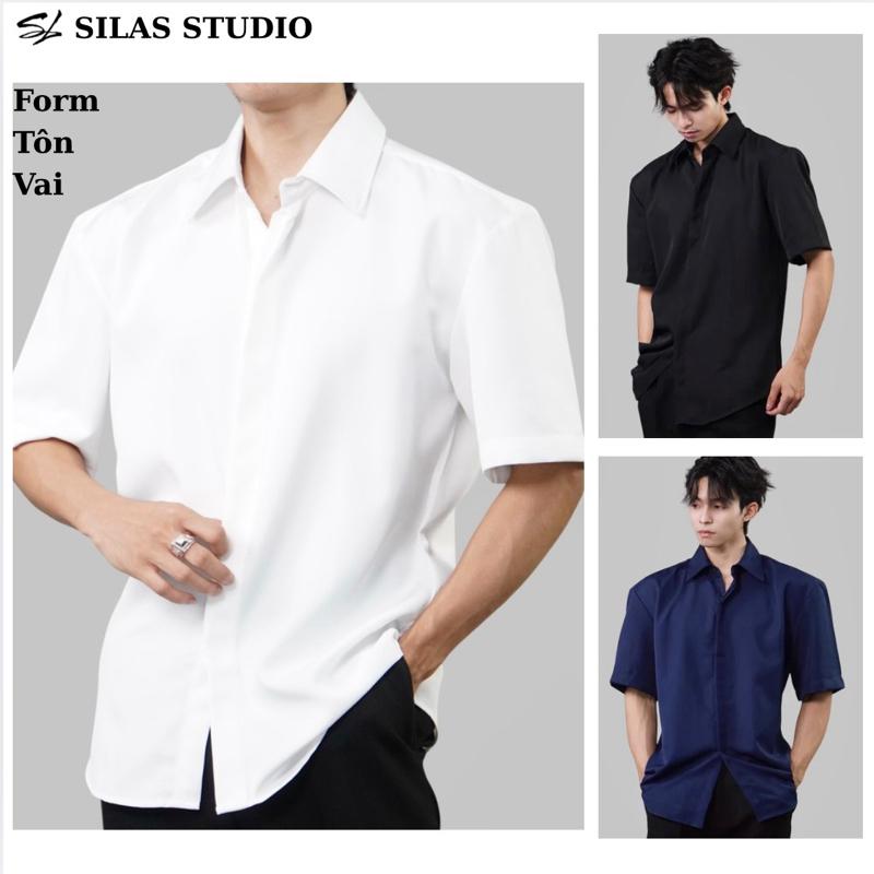 (Form Tôn Vai) Áo Sơ mi Tay Ngắn SILAS Trơn Cotton Chéo Nam Giấu Cúc Cổ Bẻ Thoáng Mát