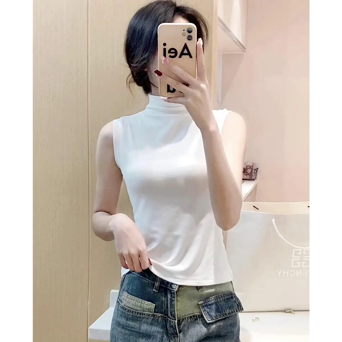 Áo choàng trắng nửa cao cổ không tay, mùa xuân hè của phụ nữ mặc một lớp bên trong ngắn, giữa cổ, áo đế bó sát