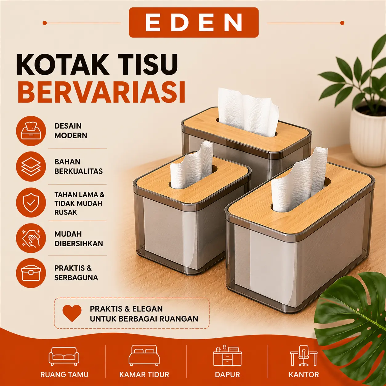 Eden - Tempat Tisu Aesthetic | Kotak Tisu Kayu Transparan | Organizer Modern