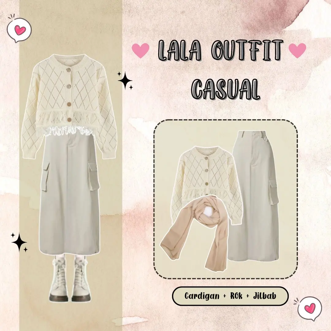Setelan Korea 3in1 Casual OOTD (Hijab Pashmina + Cardigan Apricot + Rok Kargo) Lala Outfit