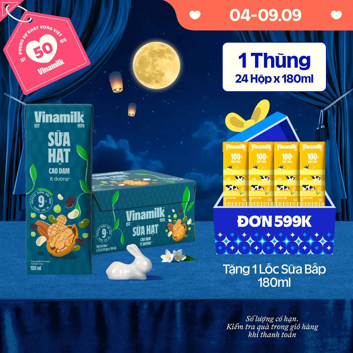 Thùng 24 hộp 180ml Sữa hạt Cao đạm ít đường Vinamilk