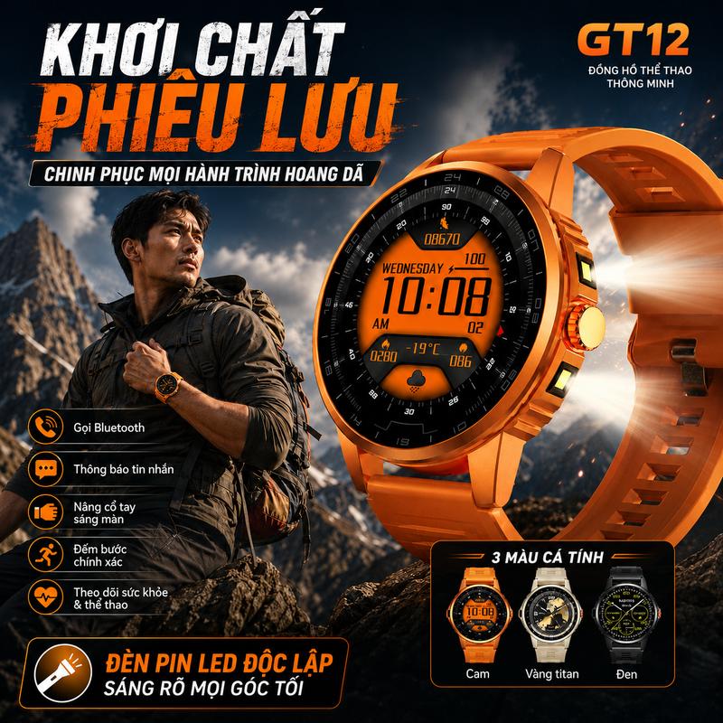 Đồng hồ thông minh Premium GT12 với Bluetooth gọi điện, Cảm biến đo nồng độ oxy máu SpO2, Màn hình lớn 1.52", Hỗ trợ nghe gọi trực tiếp, Theo dõi tập luyện & giấc ngủ, Nâng cổ tay sáng màn hình, Tương thích Android và iPhone.