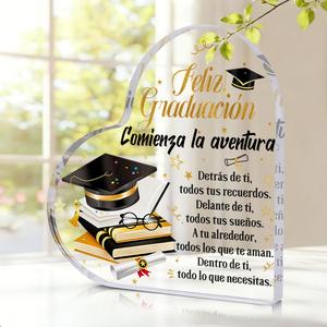 1 pieza, cartel decorativo de escritorio acrílico con corazón en español “Feliz Graduación”, sombrero de graduado y patrón de libro; regalo para graduación, amigos y compañeros; para fiesta, cuarto, hogar, oficina, dormitorio.