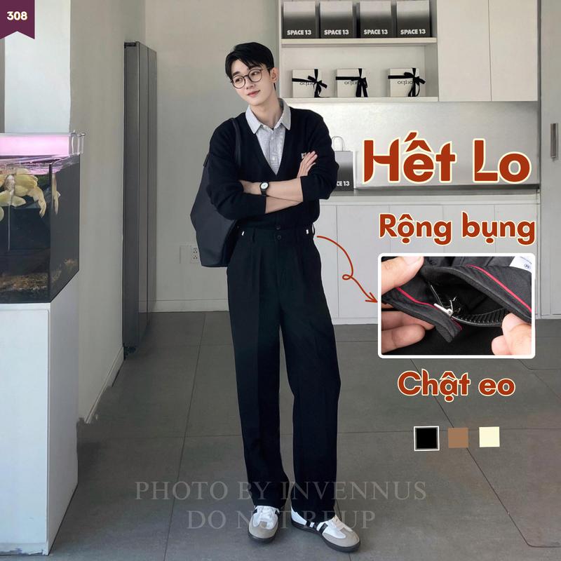 [Mega Sale 8.8]  Quần tây ống rộng INVENNUS, Cạp điều chỉnh - Smart Pants - Sidetab, quần âu ống suông phong cách hàn Menswear Nam Đen Nhung - 308