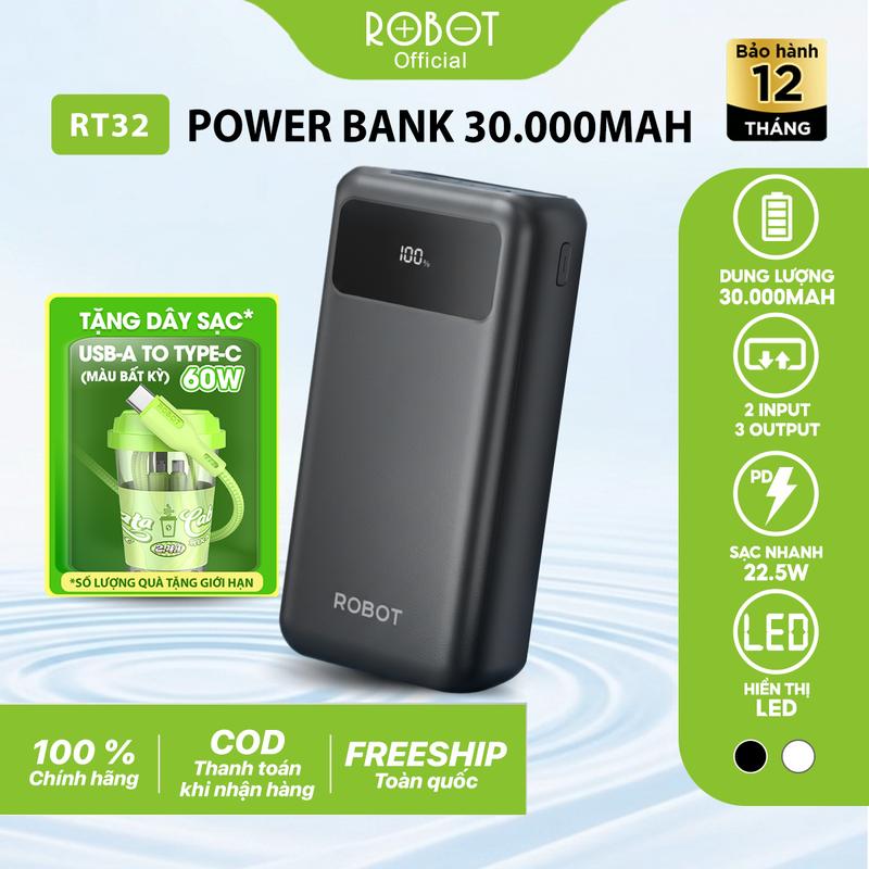 Pin Dự Phòng ROBOT RT32 Dung Lượng Cao 30.000mAh Sạc Nhanh PD/QC 3.0 Công Suất 22.5W - 2 Cổng Sạc Vào/ 3 Cổng Sạc Ra