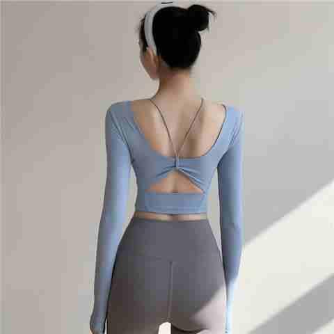 Product Introduction of Bringing Chest Pad Yoga Service Female Autumn Long Sleeved Tight Fitness Top Running Beautiful Back Sports T Shirt Outdoor Purple 32