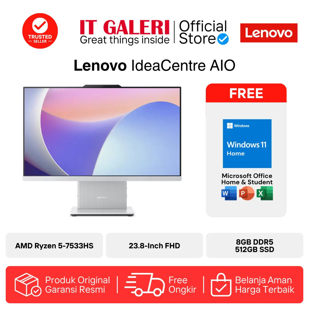 Lenovo IdeaCentre All-in-One PC 24ARR9 | F0HR00ASID | AMD Ryzen 5-7533HS | RAM 8GB | SSD 512GB | 23.8-Inch FHD IPS | Windows 11 Home + Microsoft Office Home 2024