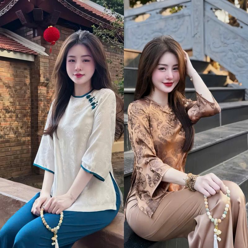 SET BỘ LAM áo gấm hoa thiết kế cổ tròn đinh nút tàu tay lở  kem quần dài tuyết nhung ống rộng xinh xắn dể thương dành cho các nàng diên đi chơ, đi lể.women top