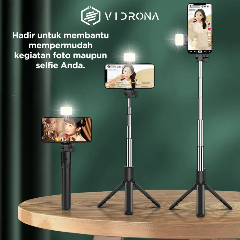 VIDRONA Tongsis Tripod Bluetooth Lampu LED Remote Control Alat Selfie Foto dan Video Stick Portable Flexible 360º Aluminium Holder Panjang Ponsel Wireless Plastik 4