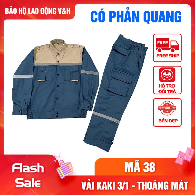 Bộ Quần Áo Bảo Hộ Lao Động Nam Dài Tay Mã 38 Có Phản Quang - Có Cổ Sơ Mi, Quần Có Túi Hộp, Vải Kaki 3/1 Dày Dặn, Bền Bỉ, Thoáng Mát, Chống Nắng Nóng Tốt - Menswear Cotton