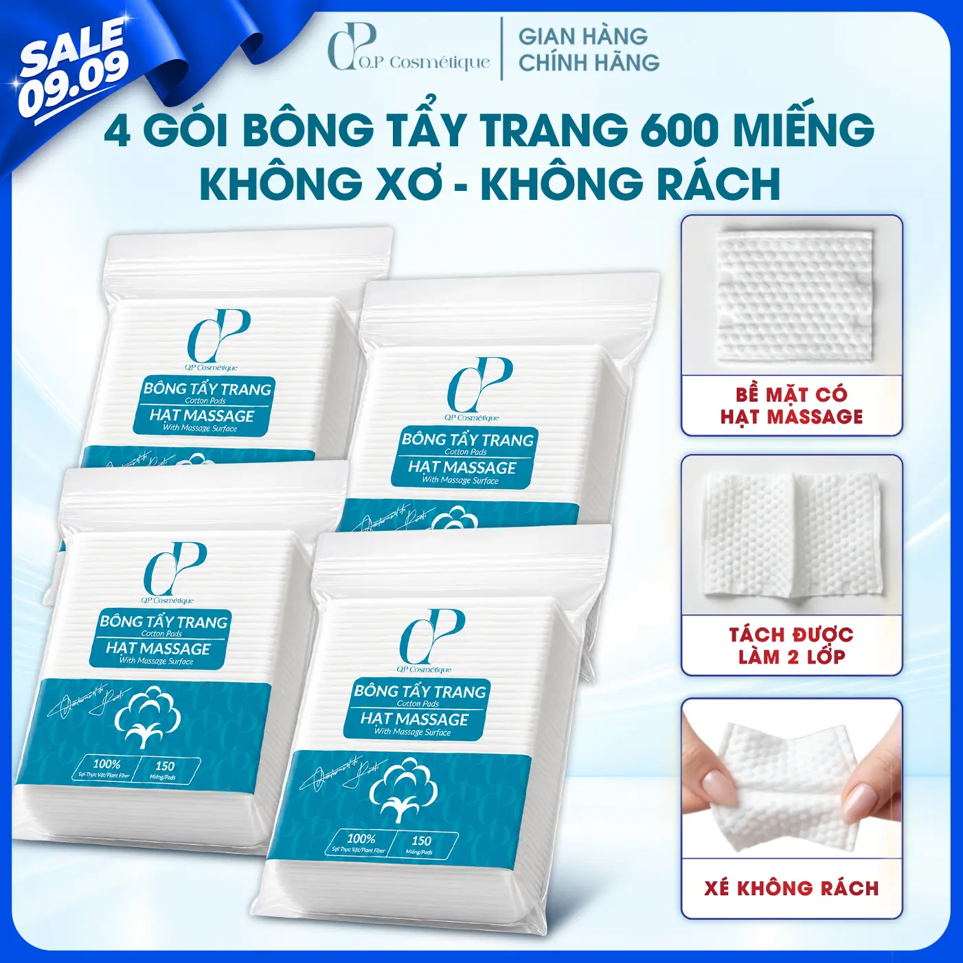 Combo 4 Gói | 600 Miếng Bông Tẩy Trang Q.P Cosmétique Không Xơ Không Rách, Hạt Massage Sạch Sâu