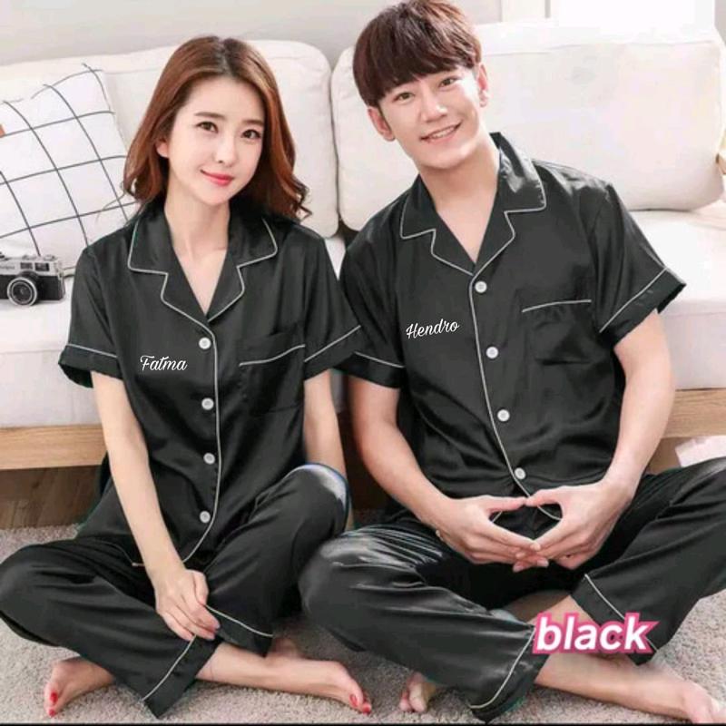 Piyama pajamas baju tidur couple pria wanita custom bordir nama hadiah kado gift nikahan wedding pernikahan prewedding / untuk seserahan murah unik lucu navy hitam merah maroon cewek cowok 7