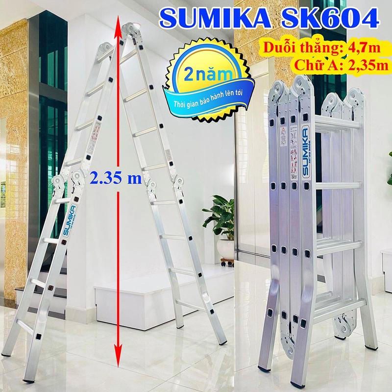 Thang nhôm gấp 4 đoạn SK604 - Duỗi 4.7m, Gập 2.35m, Bảo hành 2 năm, An toàn Châu Âu, Chống trơn trượt, Thích hợp gia đình & văn phòng