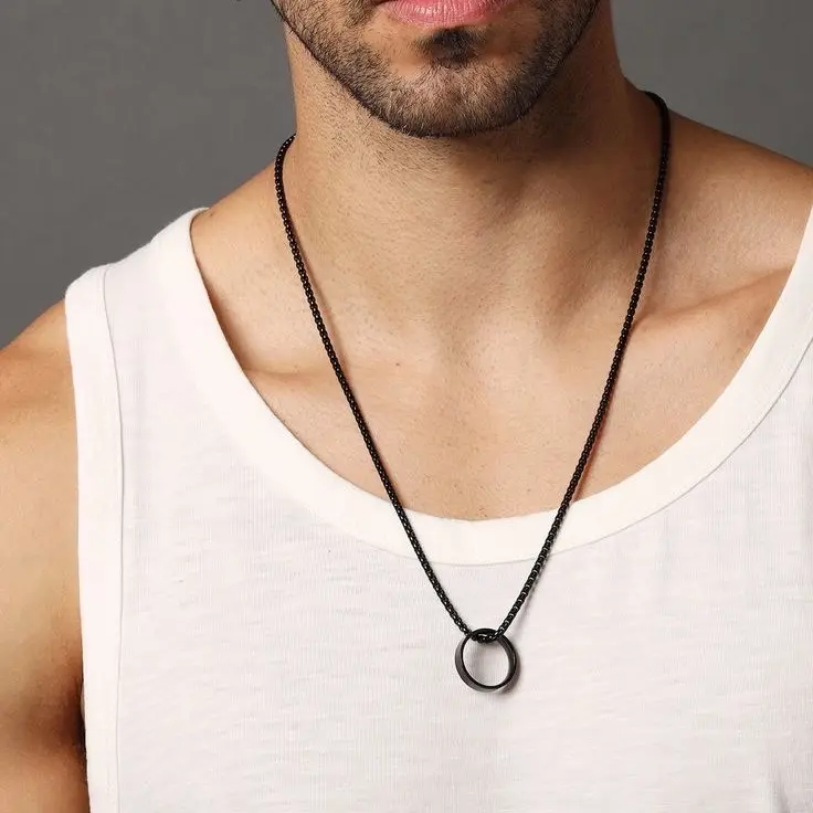 Kalung Titanium Model Rantai Liontin Cincin Black Edition - Bahan Tahan Karat Tidak Luntur - Aksesoris, Elegan Hitam 3