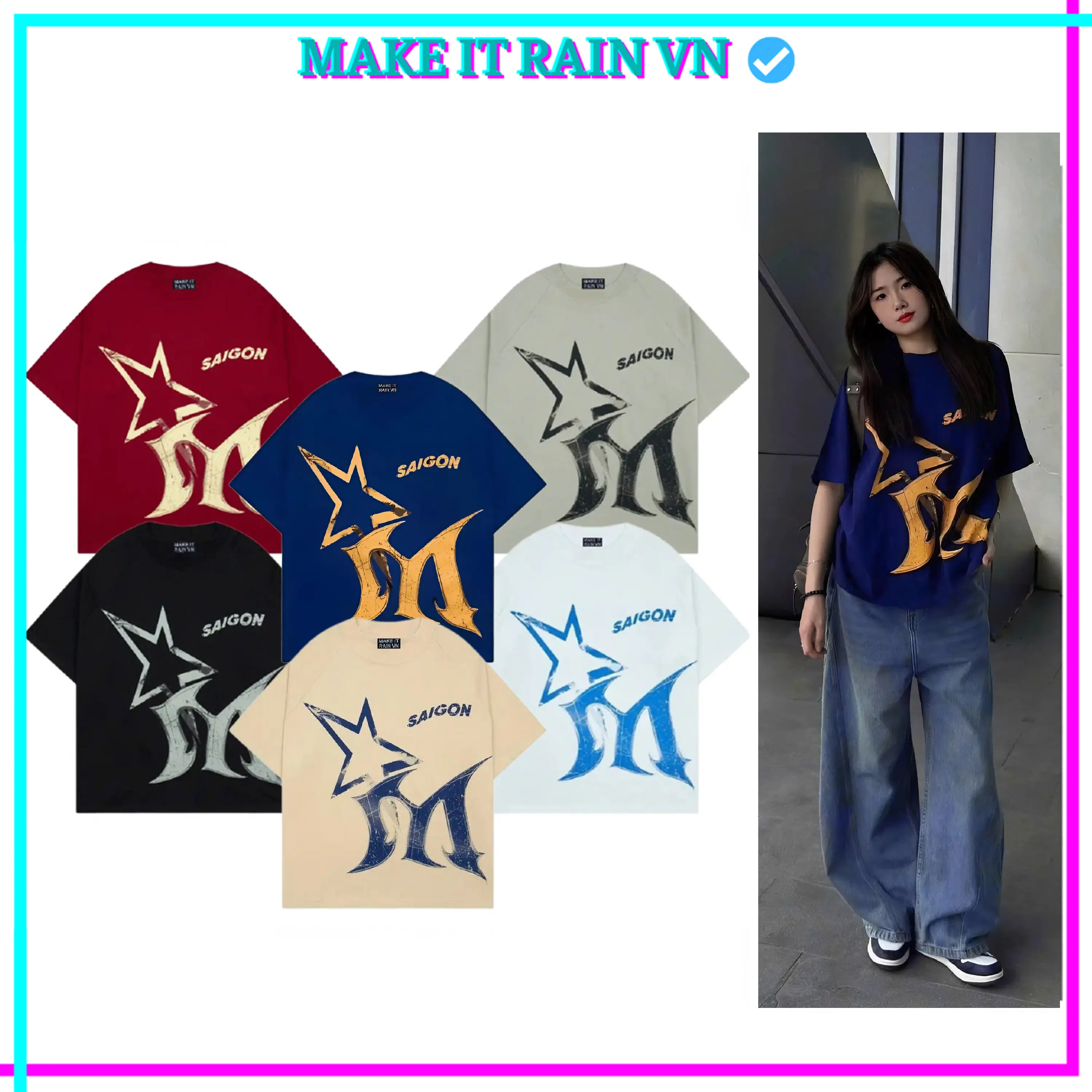 [MUA 3 GlẢM 10K TẶNG THÊM MÓC KHÓA, MUA 2 GlẢM 5K] Áo Thun Boxy Nam Nữ SAIGON Make It Rain, Áo Phông Unisex Form Boxy Rộng Top Women Cổ Tròn