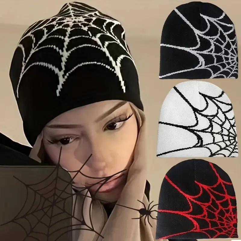 Warm Knitted Pullover Hat Soft Goth Unisex Street Punk Hip-hop Sports Spider Web Printed Beanie Caps