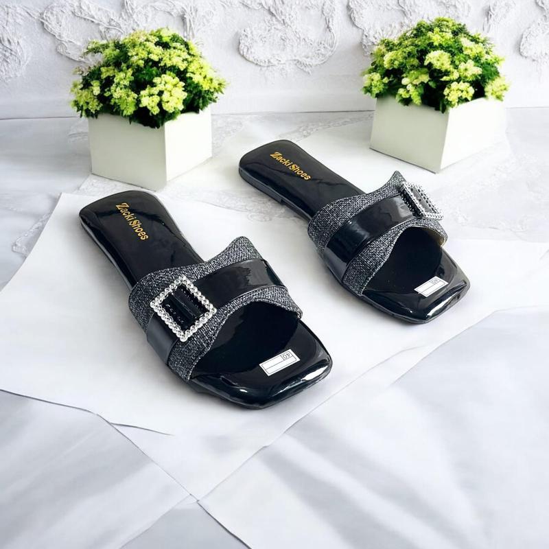 Kokop Sandal Wanita Teplek Full Busa Flat Zs02 dengan Hiasan Faux Pearls Elegan Hitam Glitter Hitam 37