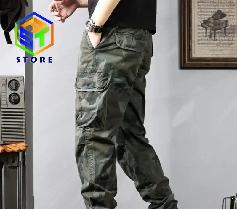 Celana Panjang Unisex Camo Cargo Combat Bahan Katun Twill Non Stretch Warna Green 7