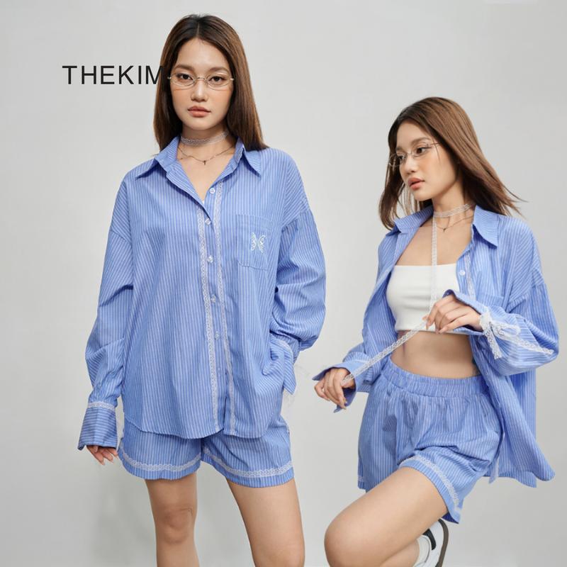 THEKIM Set áo sơ mi dài tay kèm quần phối ren ( form rộng ) thêu logo , set sơ mi sọc thô CS288