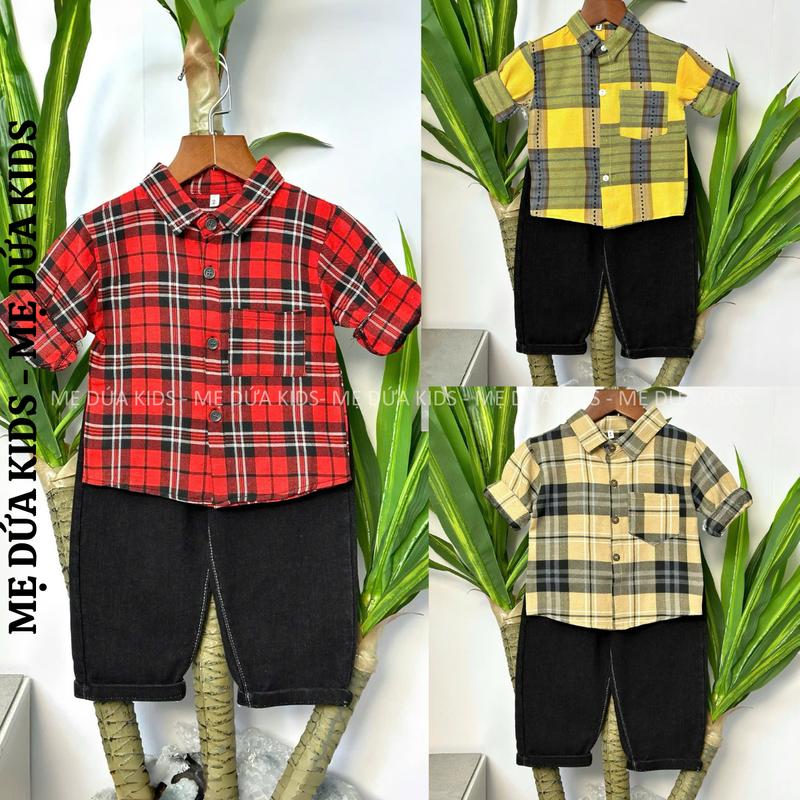 Bộ HaBi dành cho bé trai 8-26kg áo sơ mi chất thô đũi quần jean đen vải mềm Có Cổ