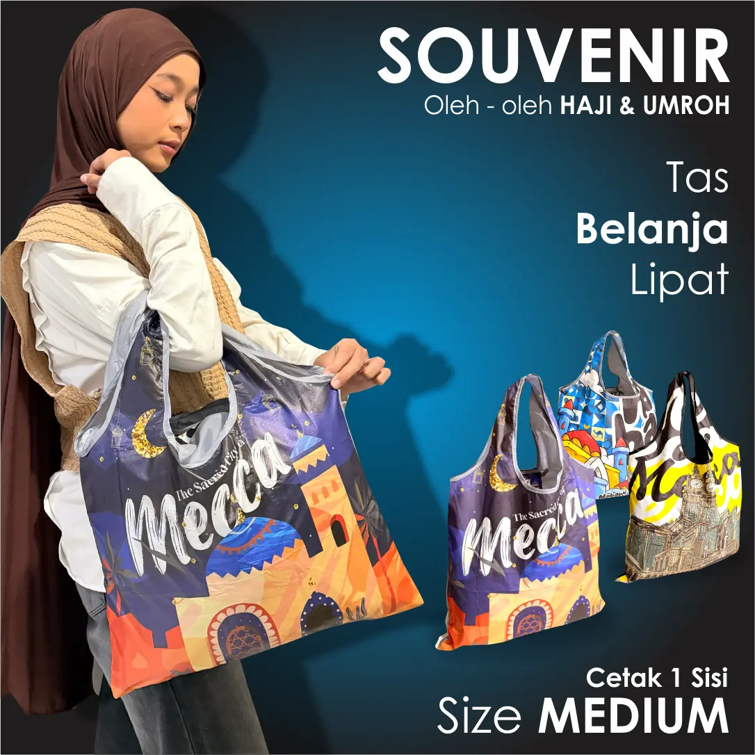Tas Belanja Lipat Shopping Bag Lipat Souvenir Printing Oleh-Oleh Haji dan Umroh size Medium