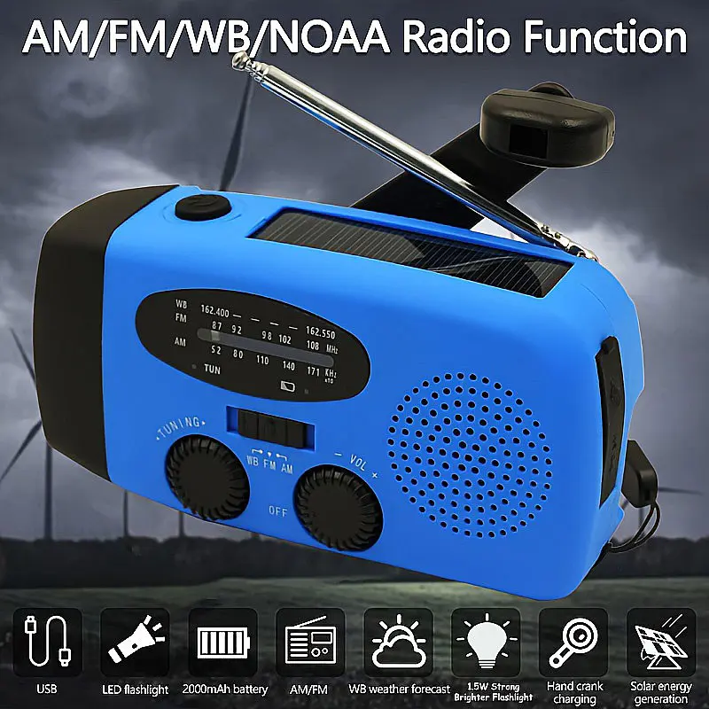 2000mAh rechargeable portable radio Solar Hand Crank emergency radio survival  Weather Radio fm USB Charging battery operated - Silver-EU