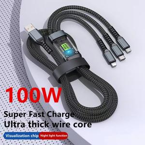 Transparent Luminous 3-in-1 100W Micro USB Type C +120W AdapterSuper Fast Charging USB DataCable iphone lightning cable