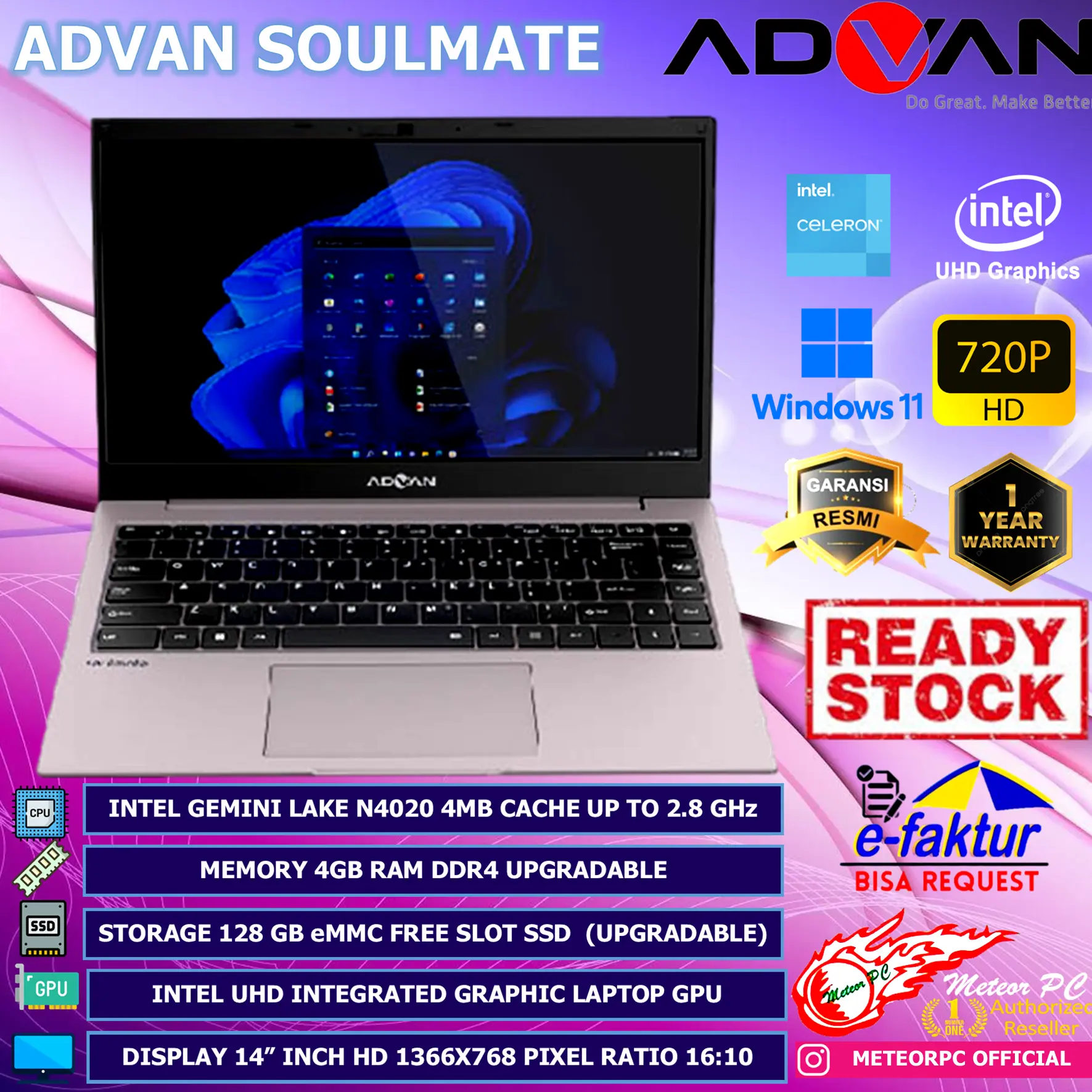 ADVAN Soulmate Celeron N4020 4GB 128GB 256GB 14 INCH W11