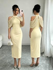 Vestido midi halter para mujer en color crema, hombros descubiertos con mangas tipo capa de lentejuelas, decoración de perlas, vestido elegante para cóctel ideal para bodas/prom y fiestas de cena