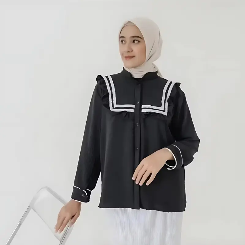 Baju Atasan Wanita Blouse Ruffle Daily Warna Hitam Putih Crinkle Muslim Panjang Top Nyaman Dalaman 2