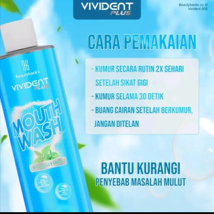 Vivident Plus Mouth Wash - Pembasmi Bakteri & Bau Mulut Vivident Plus Mouth Wash dapat membantu menjaga kesehatan gigi dan mulut dengan segar dan bebas bau mulut. Diformulasikan dengan kandungan antibakteri, Vivident Plus Mouth Wash dapat membantu membasm 3
