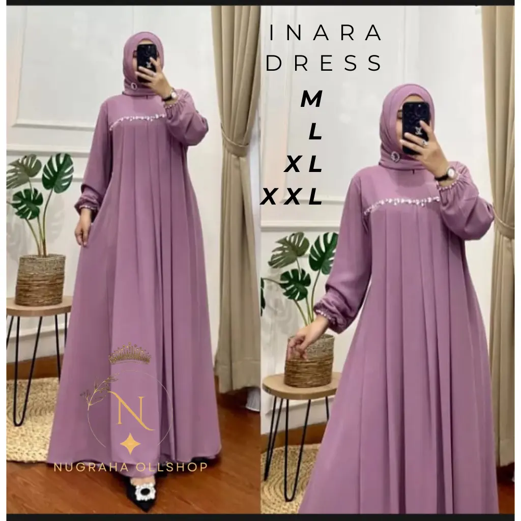 Gamis wanita muslimah terbaru Inara Maxy Dress Bahan Cringkle Airflow Tebal Mix Mutiara Payet Gamis Simple Elegan dan murah