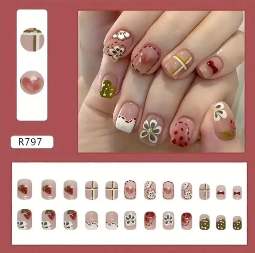 3D (24pcs) Colorful Kuku Palsu, Instant Nail Art, Stiker Kuku Palsu, Fake Nails-R797