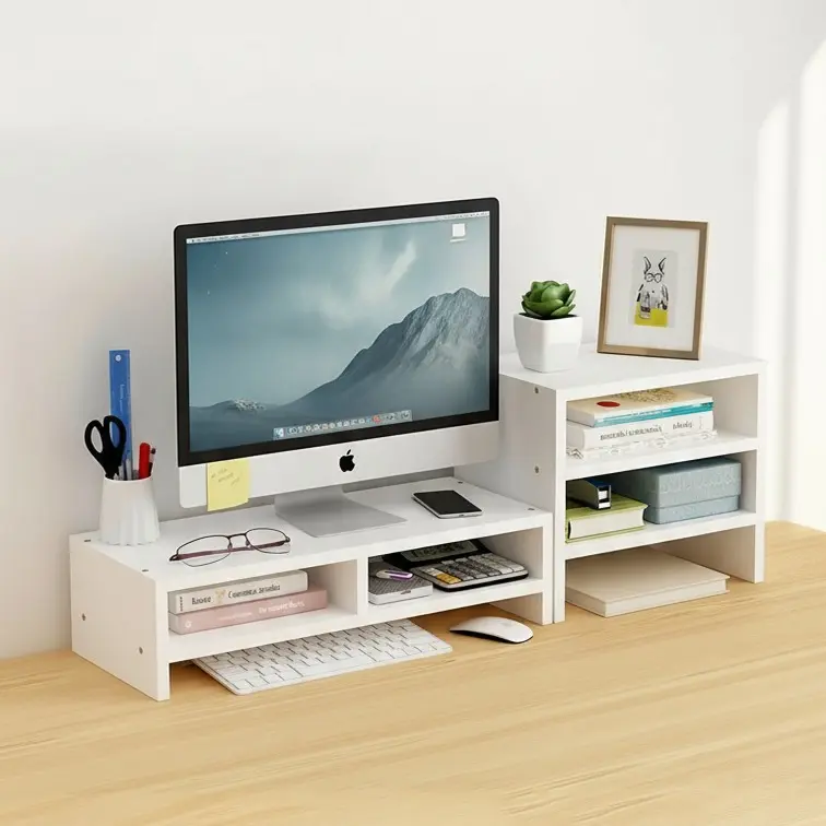 Rak Meja Laptop Monitor PC WPC dengan Storage Box Tempat Buku