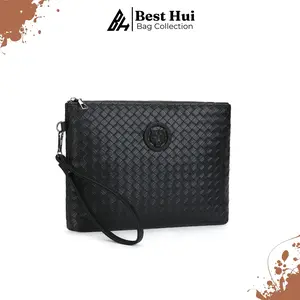 Dompet Clutch Hand Woven / Tas Tangan Kulit Sintesis Motif Anyaman / Dompet Tas Import Terlaris Hitam Pria Cowok