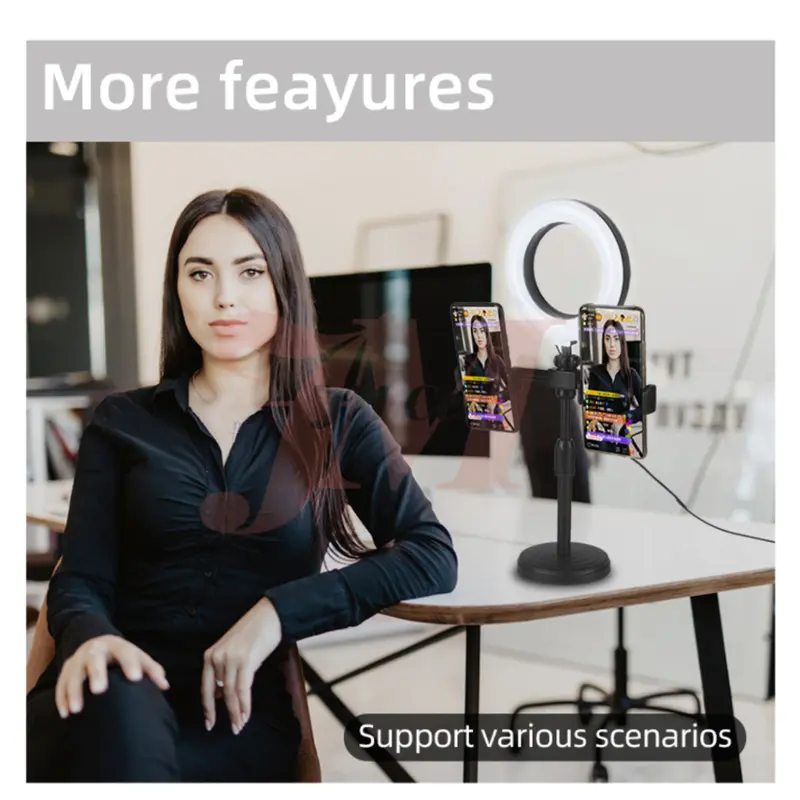 Ring light 16cm + Tripod Free 2 Holder Hp Ring light Tripod Mini Stand Holder Handphone Hp Live Streaming Selfie LED Make Up Vlog Lampu Siaran Langsung Tripod Meja Kantor / Live Desktop Ring Light Phone Holder 6