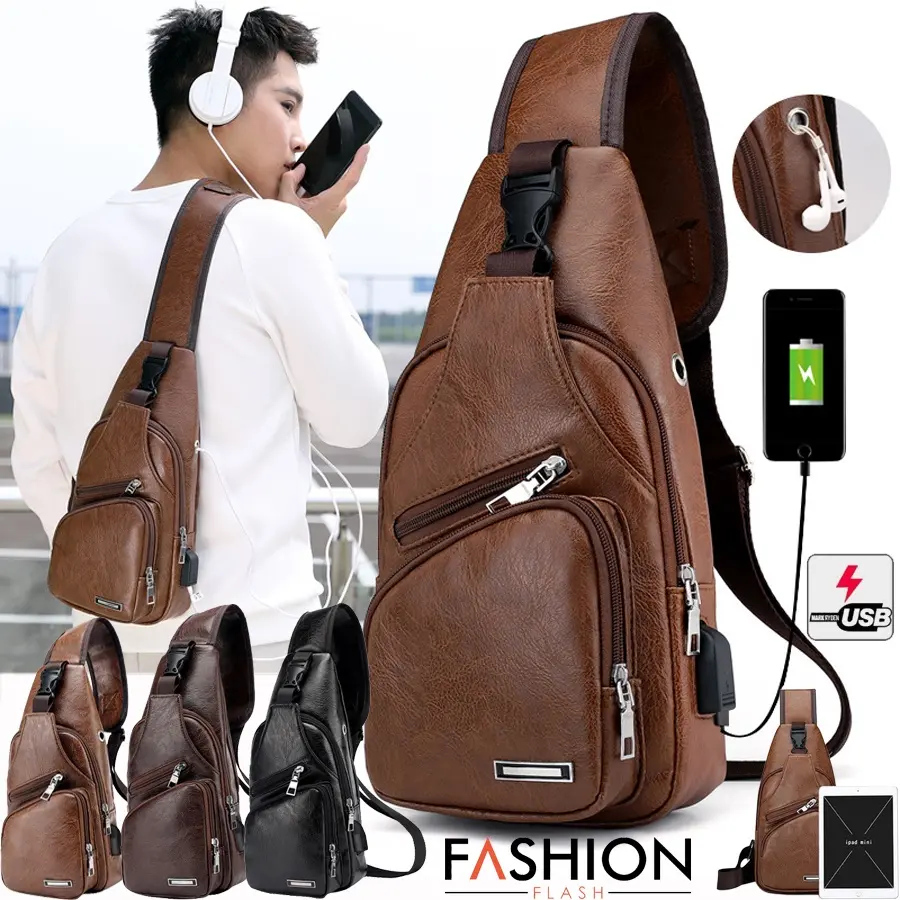 【2025 Popular】Men's Crossbody Chest Bag Multi-function PU Leather Bag Man Leisure Messenger Bag Sports Shoulder Bag Waist Bags with USB Charging Port Earphone Cable Hole Beg Lelaki