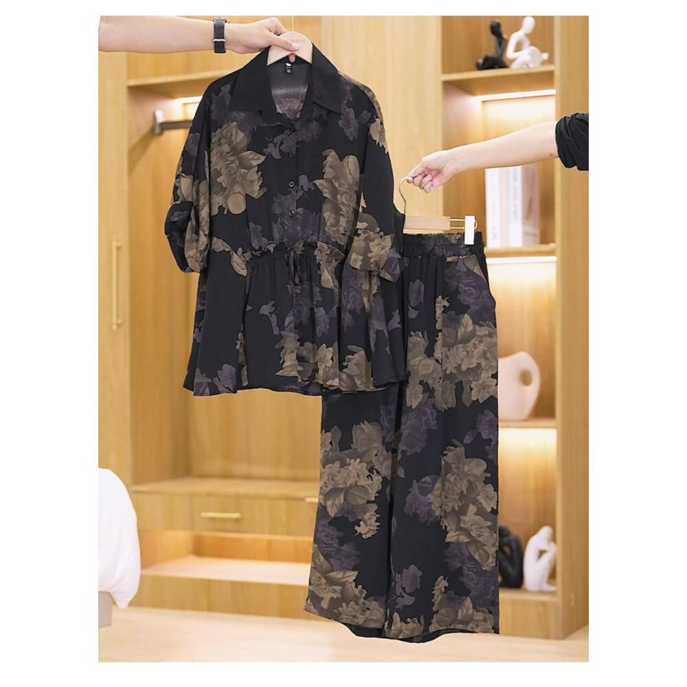 FADFAD setelan wanita atasan berkerah lengan model kelelawar dengan celana panjang motif bunga