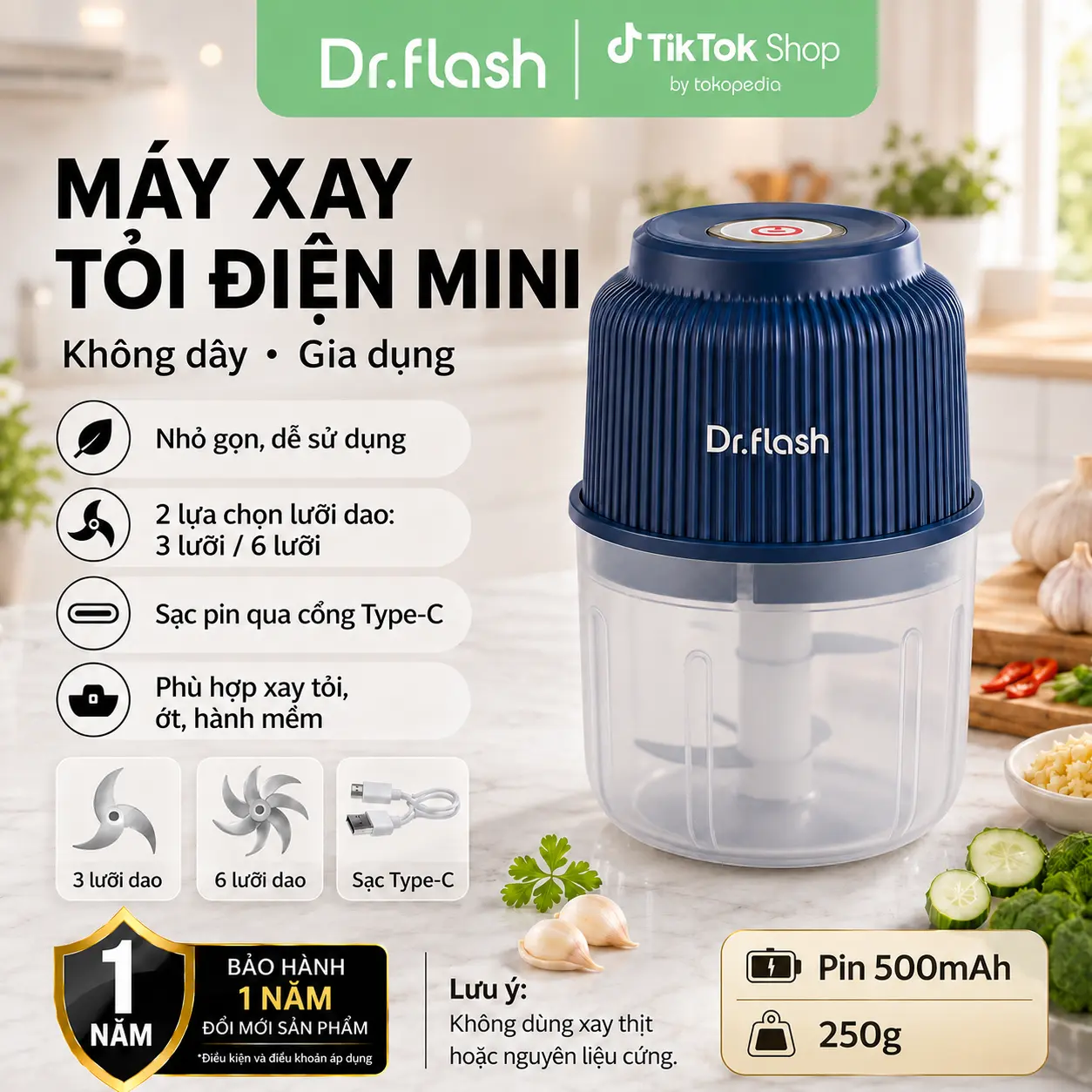 Dr.flash x NIUMO Máy xay tỏi điện mini gia dụng – không dây – pin 500mAh – 250g