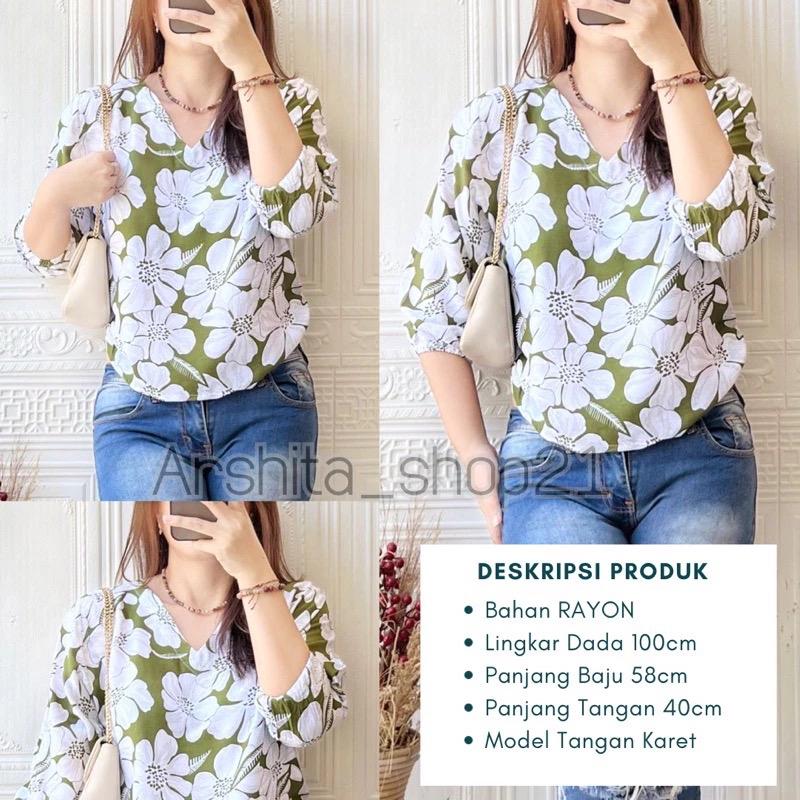 HANA [01] BLOUSE || [B01101] ATASAN WANITA TERLARIS BAHAN RAYON PREMIUM BLOUSE KEKINIAN LEHER V SIMPLE ELEGAN TANGAN 7/8 KARET MOTIF TERBARU