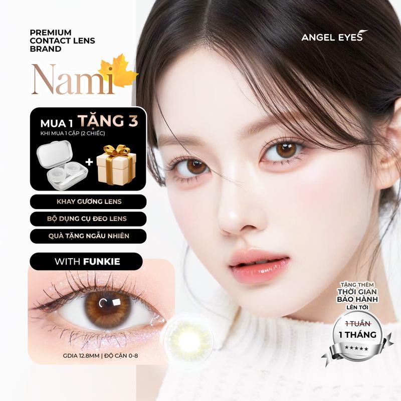  Lens mắt nâu mật ong độ cận 0-8 Nami hiệu Angel Eyes kính áp tròng màu nâu tây tự nhiên đường kính 12.8mm phù hợp cho mắt nhỏ 