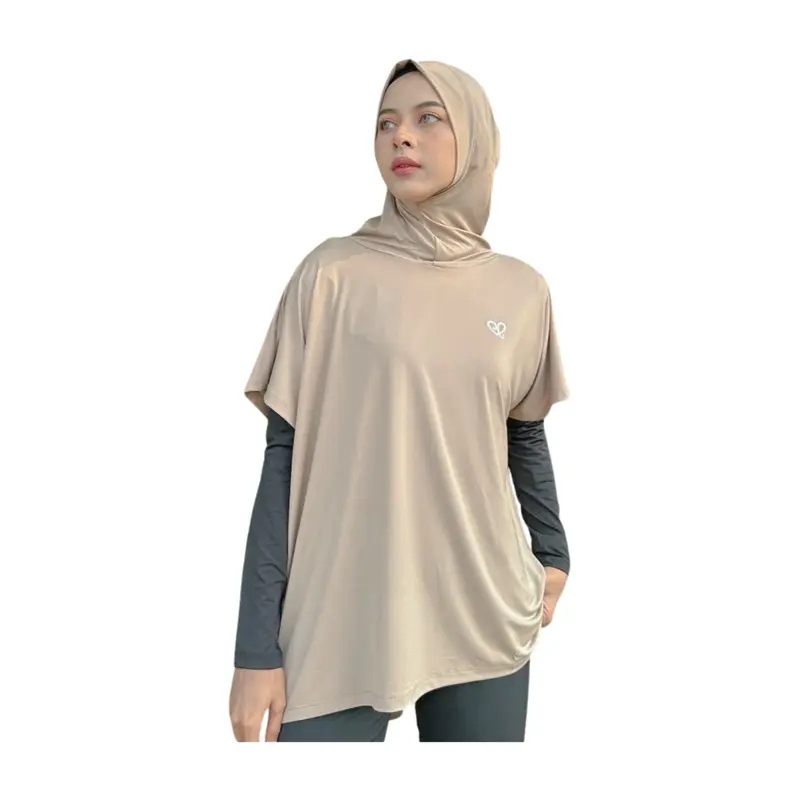 Cendera -  ELMA Atasan Baju Olahraga Wanita Outer Sport Hijab Polos Oversize, Bahan Polynilon Elastis Tidak Menerawang - Top, Outdoor baju olahraga atasan untuk olahraga  wanita 6