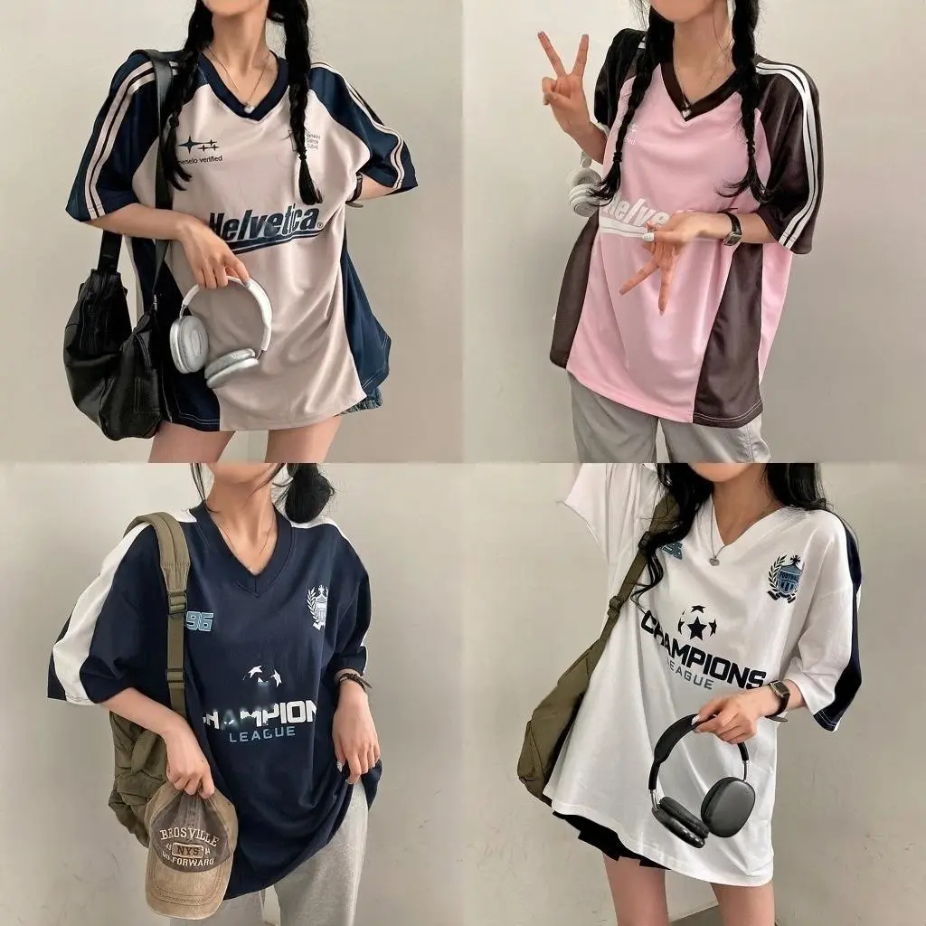 2025 Korean style Unisex Sports T -shirt printing oversize shirts short sleeves Top high -class Retro Women's T -shirts for women and men