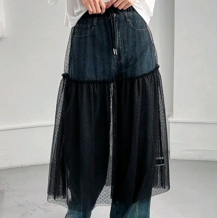 Rok Tutu Ruffle Tile Hitam Putih Panjang Wanita Muslim Dewasa Casual Kerja Bawahan Maxi
