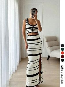 Conjunto de dos piezas para mujer con top corto de punto y falda a rayas, elegante y casual con diseño calado, ideal para uso diario y al aire libre, ropa de punto para mujer para el verano, conjunto lindo para el verano
