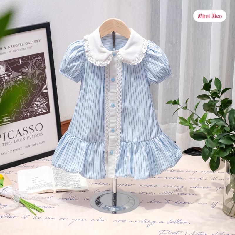 [Mimi Meo - TD322] Váy bé gái mùa hè 9-34kg (Kèm bờm) - Vải xanh kẻ sọc dễ thương